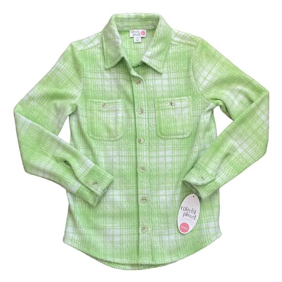 Girl's L (12) Cozy Plaid Shacket Green White Shirt/Jacket Soft Button Front - Picture 1 of 1